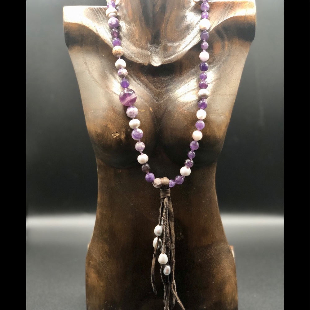Hand knotted Amethyst and Agate Mala Necklace